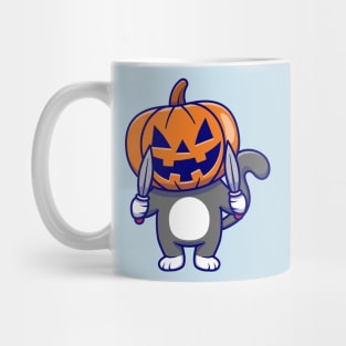 Cute Cat Wearing Pumpkin Halloween with Knife Cartoon Mug